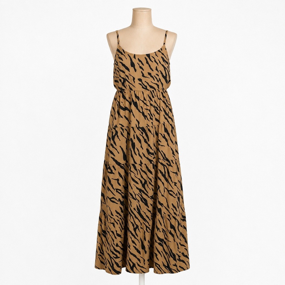 Tiger Animal Print Tiered Maxi Dress Size M Brown Black Beach Resort Boho Indie